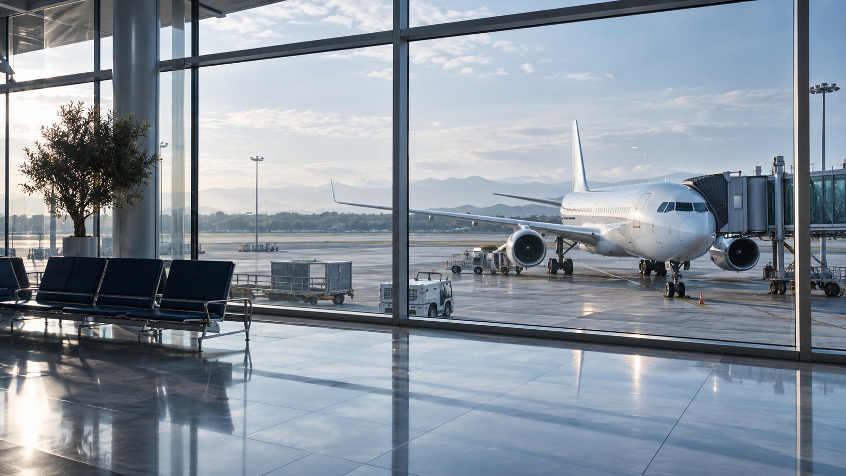 Vista ilustrativa desde una terminal aeroportuaria hacia un avión en plataforma